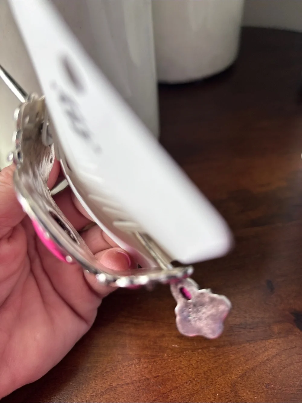 Hair slide w/stick,silver tone with pink stones